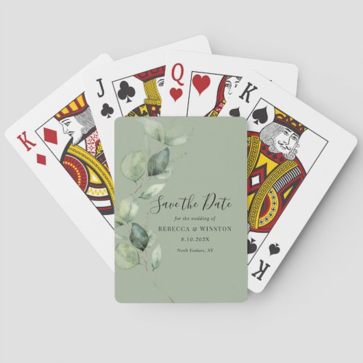 Eucalyptus Script Botanische bruiloft Save the Dat Pokerkaarten (Achterkant)