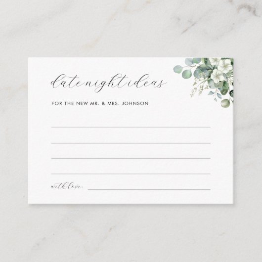 Eucalyptus & Script Date Night Ideas Bruidsfeest Informatiekaartje (Voorkant)