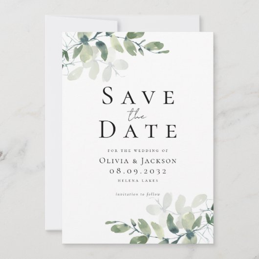 Eucalyptus Script Fotobruiloft Save The Date (Voorkant)