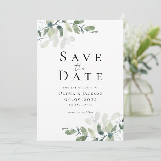 Eucalyptus Script Fotobruiloft Save The Date (Staand voorkant)