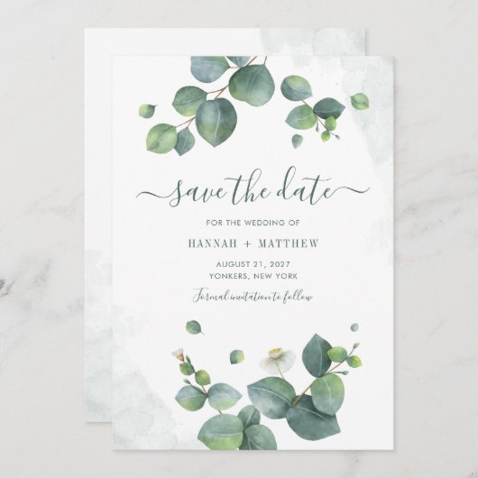 Eucalyptus Script Greenery Botanical Save The Date (Voorkant / Achterkant)