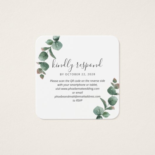 Eucalyptus Script Greenery Wedding QR Code RSVP Vierkante Visitekaartjes (Voorkant)
