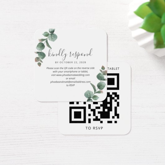 Eucalyptus Script Greenery Wedding QR Code RSVP Vierkante Visitekaartjes (Bureau)