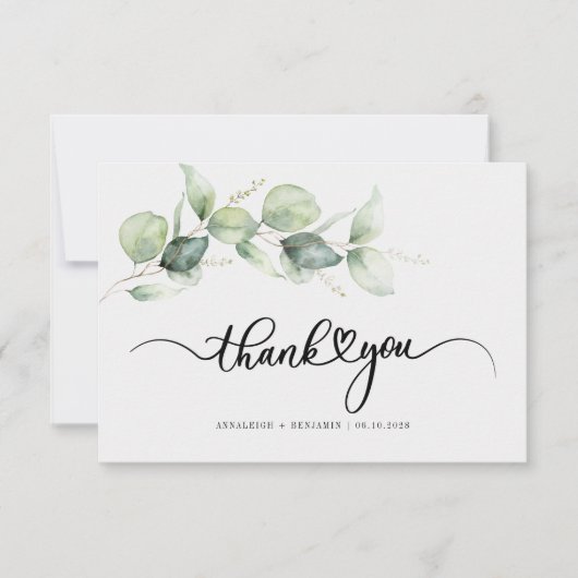 Eucalyptus Script Groen gebladerte bruiloft dank u Notitiekaartje (Voorkant)