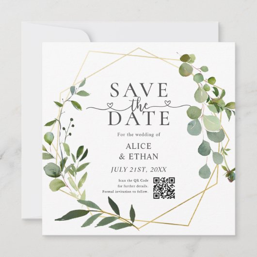 Eucalyptus Script Heart QR Code Save The Date (Devant)