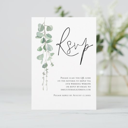 Eucalyptus Script QR Code Weddenschap RSVP Kaartje (Staand voorkant)