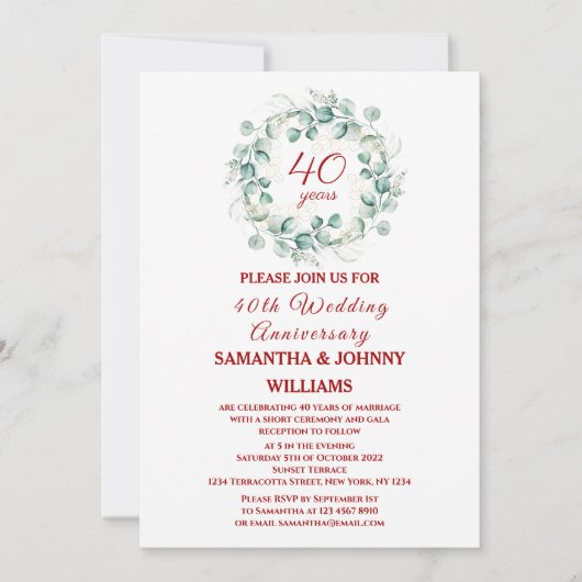 Eucalyptus Script Ruby 40th Wedding Jubileum Kaart (Voorkant)