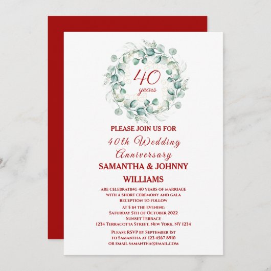 Eucalyptus Script Ruby 40th Wedding Jubileum Kaart (Voorkant / Achterkant)