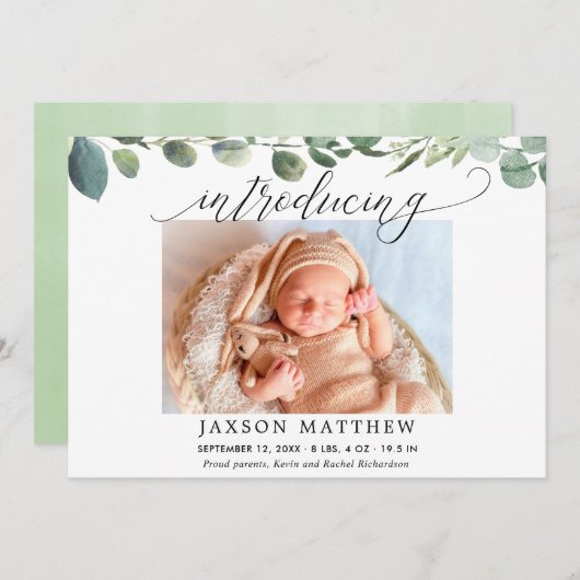 Eucalyptus simple faire-part de naissance bébé mod (Devant / Derrière)