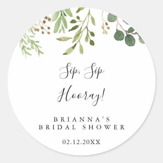 Eucalyptus Simple Sip Sip Hooray Bruiloft Feestje Ronde Sticker (Voorkant)