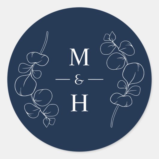 Eucalyptus Springs Monogram Navy Blue Wedding Ronde Sticker (Voorkant)