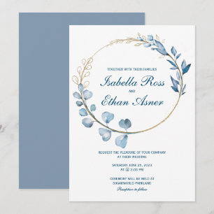 Eucalyptus Stofblauw en Gouden bruiloft Kaart