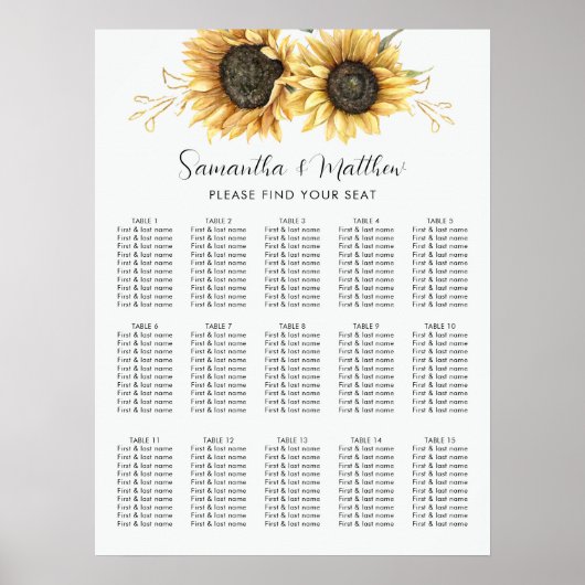 Eucalyptus Sunflower Floral Wedding Seating Chart Poster (Voorkant)