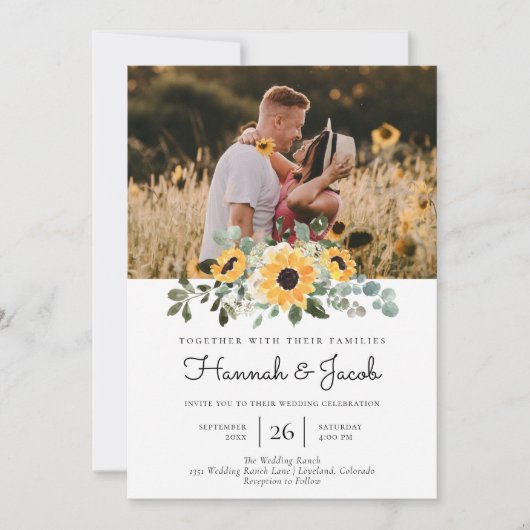 Eucalyptus Sunflower Rustic Wedding Kaart (Voorkant)