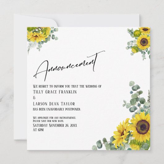 Eucalyptus Sunflower Uitgestelde datum bekendmakin Kaart (Voorkant)