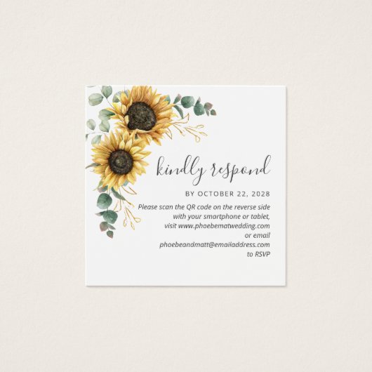 Eucalyptus Sunflower Weddenschap QR Code RSVP Card Vierkante Visitekaartjes (Voorkant)
