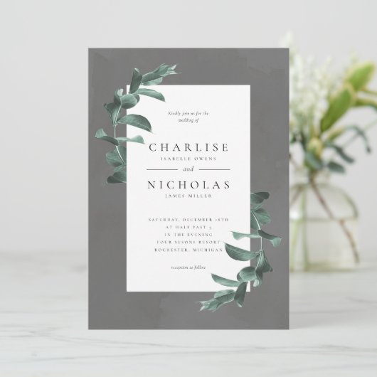 eucalyptus sur faire-part de mariage gris (Debout devant)