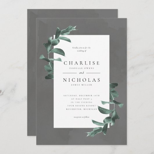 eucalyptus sur faire-part de mariage gris (Devant / Derrière)