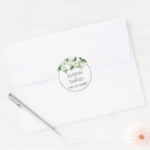 Eucalyptus tak, witte bloemen bloemenbruiloft ronde sticker