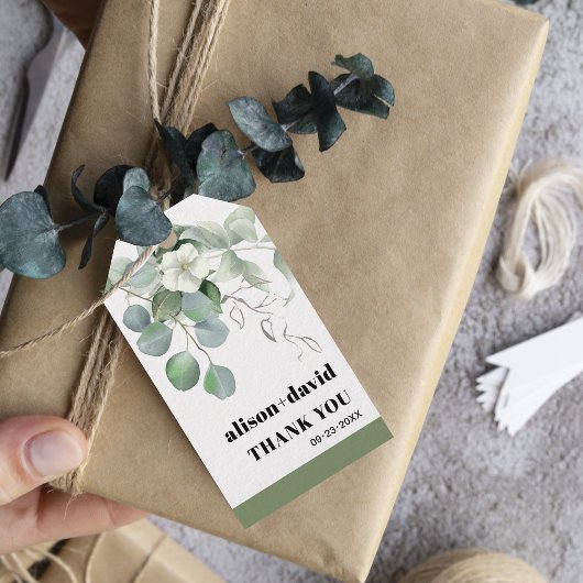 Eucalyptus tak witte bloemen typografie bruiloft cadeaulabel