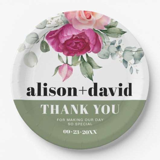 Eucalyptus takken met roze rozen bloemenbruiloft papieren bordje (Voorkant)