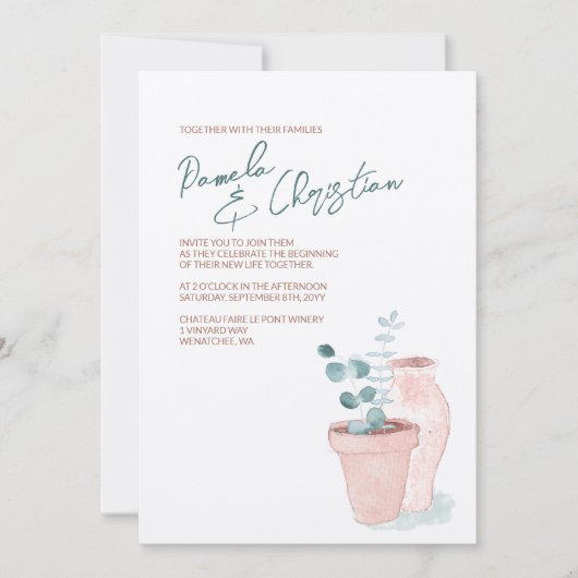 Eucalyptus, Terracotta Pottery Wedding Invitations (Devant)