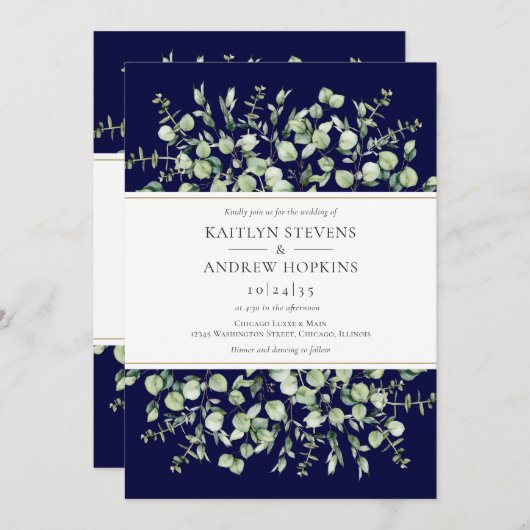 Eucalyptus tout en un Faire-part de mariage bleu m (Devant / Derrière)