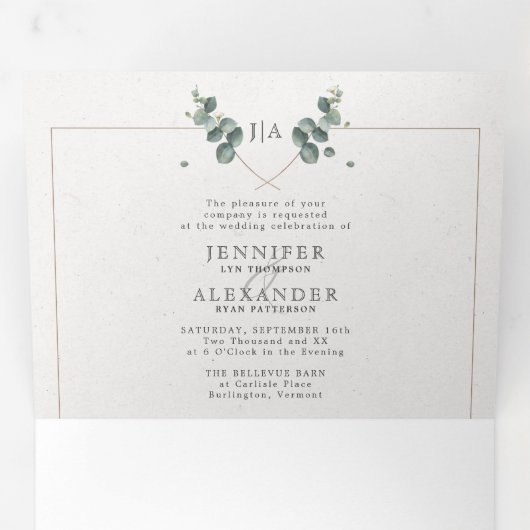 Eucalyptus tout en un Monogramme Mariage Tri-Fold (Intérieur en premier)