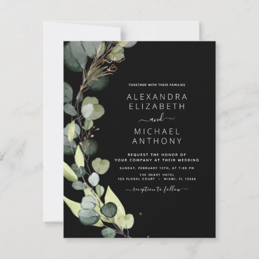 Eucalyptus Verdure Black Wedding Invitations (Devant)