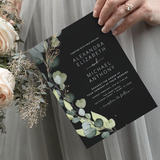 Eucalyptus Verdure Black Wedding Invitations