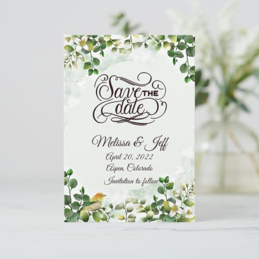 Eucalyptus verdure enregistrer la date invitation (Debout devant)