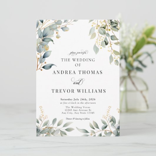 Eucalyptus Verdure et mariage d'or Invitations (Debout devant)
