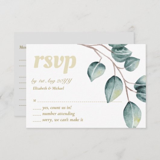 Eucalyptus Verdure Feuilles mariage RSVP MENU (Devant / Derrière)