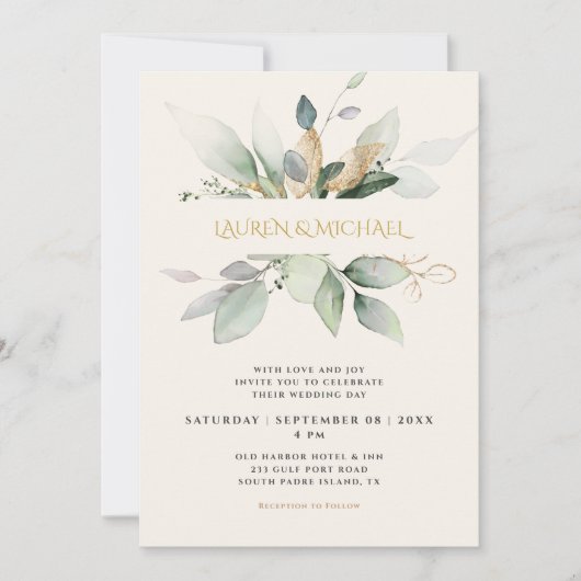 Eucalyptus Verdure & Gold Ecru Faire-part de maria (Devant)