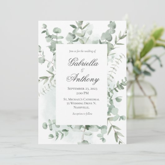 Eucalyptus Verdure Mariage moderne Invitations (Debout devant)