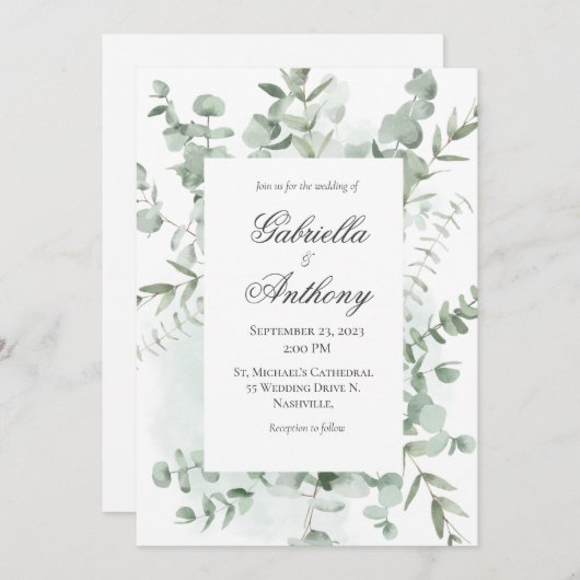 Eucalyptus Verdure Mariage moderne Invitations (Devant / Derrière)