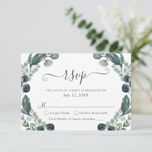 Eucalyptus Verdure Script de mariage RSVP (Debout devant)