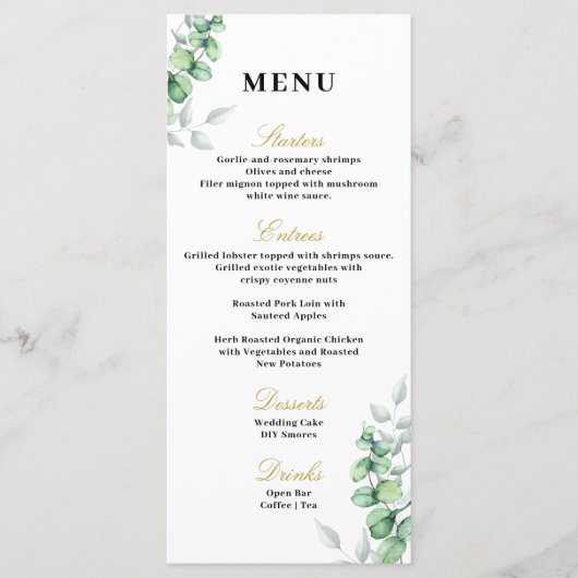 Eucalyptus verguld monogram bruiloft menu (Voorkant)