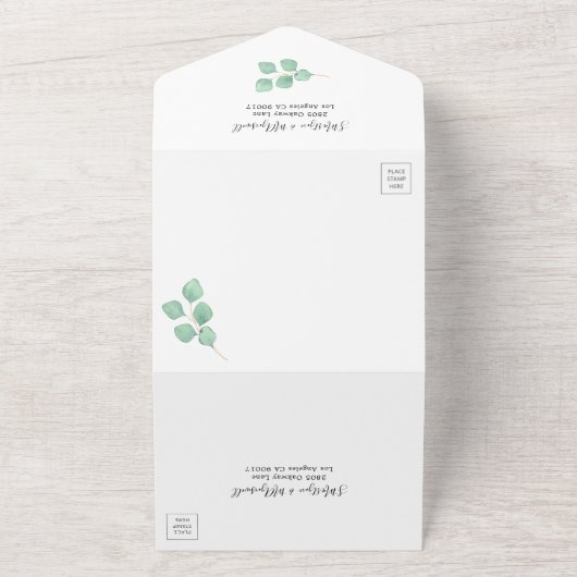 Eucalyptus verlaat Geometrische Waterverf bruiloft All In One Uitnodiging (Buitenkant)