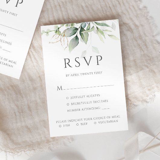 Eucalyptus verlaat gouden maaltijdopties Bindje RSVP Kaartje
