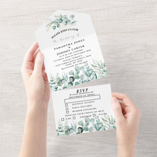 Eucalyptus verlaat Greenery Rustic RSVP Wedding All In One Uitnodiging (Afscheurbaar)