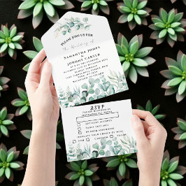Eucalyptus verlaat Greenery Rustic RSVP Wedding All In One Uitnodiging