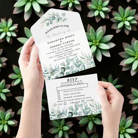 Eucalyptus verlaat Greenery Rustic RSVP Wedding All In One Uitnodiging