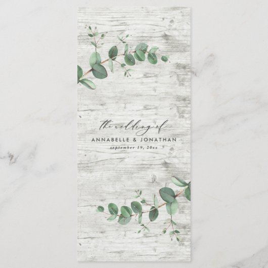 eucalyptus vert bois blanc élégant menu de mariage (Dos)
