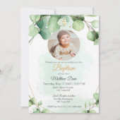 Eucalyptus vert feuille photo Baptême Invitation (Devant)