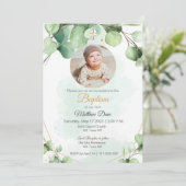 Eucalyptus vert feuille photo Baptême Invitation (Debout devant)