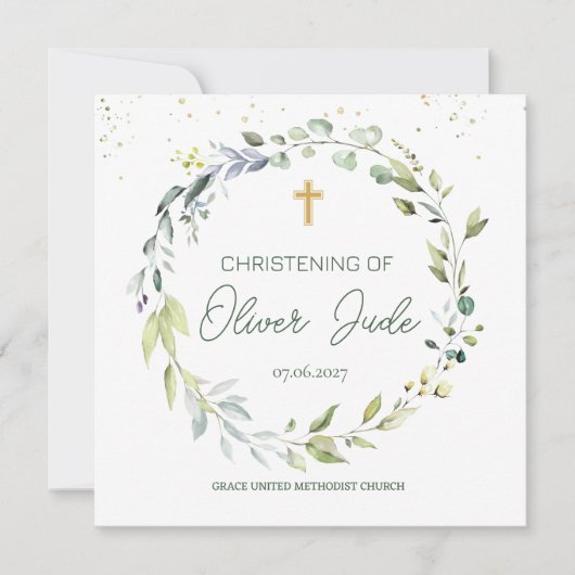 Eucalyptus vert Foliage Christening Invitation (Devant)
