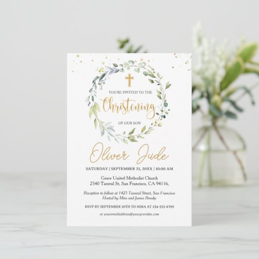 Eucalyptus vert Foliage Christening Invitation (Debout devant)