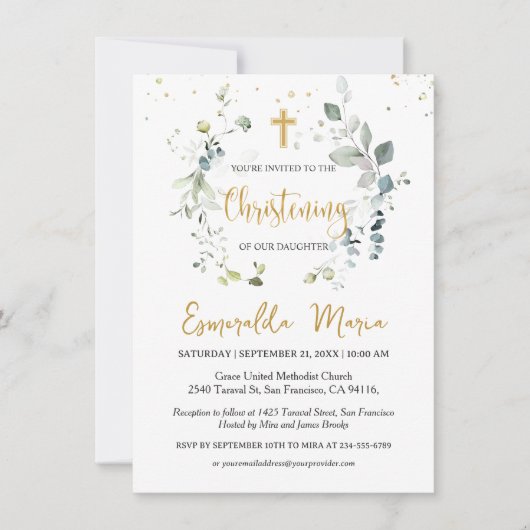 Eucalyptus vert Foliage Christening Invitation (Devant)