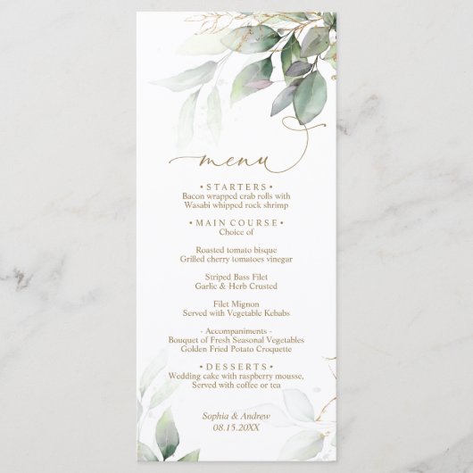 Eucalyptus vert & or Mariage Floral Menu (Devant)